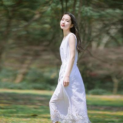 文艺小清新刺绣纯棉无袖连衣裙夏白色绣花镂空宽松中长款背心裙女