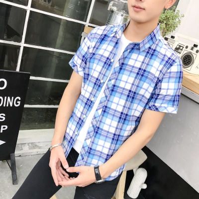 衬衫男短袖韩版潮流帅气修身学生薄款夏季半袖青少年时尚格子衬衣