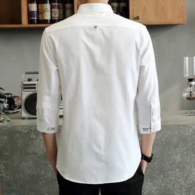 衬衫男短袖夏季薄款修身男士白衬衫韩版潮流白色七分袖衬衣帅气7