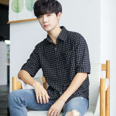 衬衫男短袖五分袖格子韩版潮流百搭夏季修身休闲衬衣宽松薄款上衣