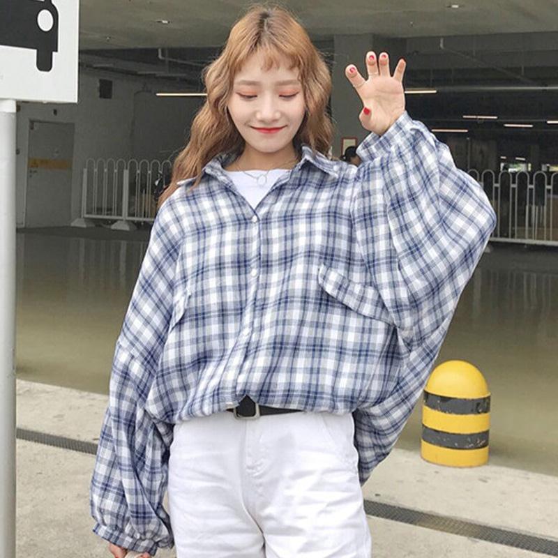 Lantern Sleeve Plaid Stripe Shirt women long sleeve 2020 spring new Korean BF style loose student shirt coat