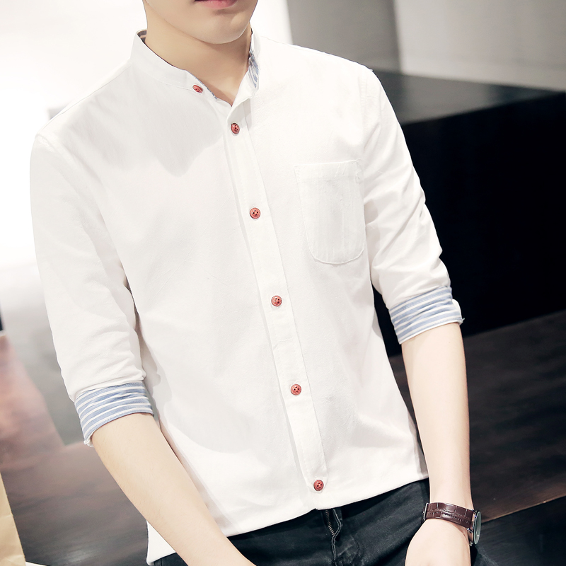 Summer white short sleeve shirt men's Korean version slim fit thin style fashion student stand collar 7 / 7 sleeve shirt middle sleeve