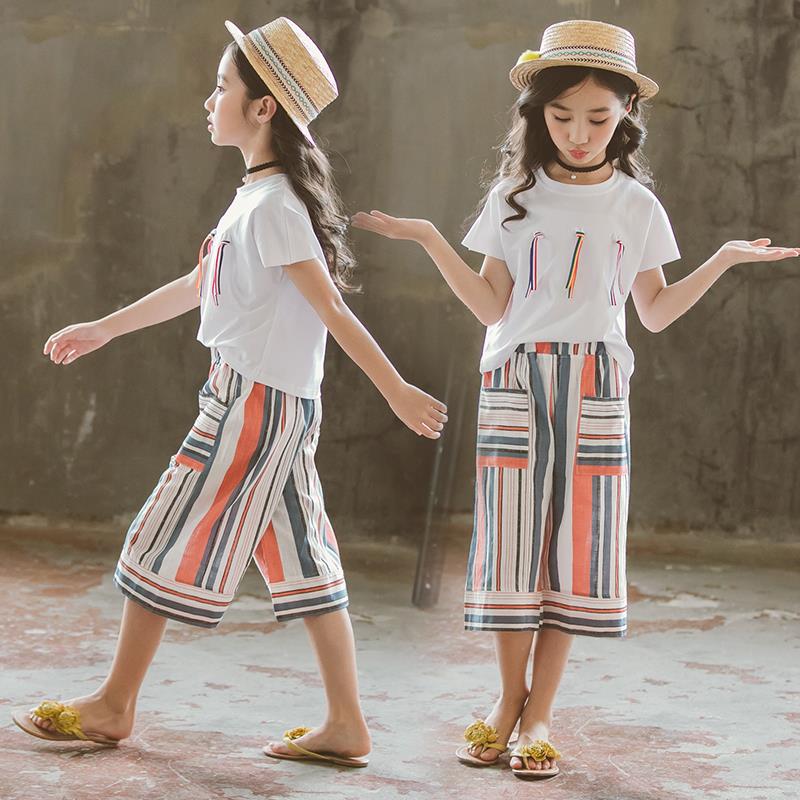 Children's wear girls' suit summer wear new  Zhongda children's Korean striped ribbon top Capri wide leg pants suit